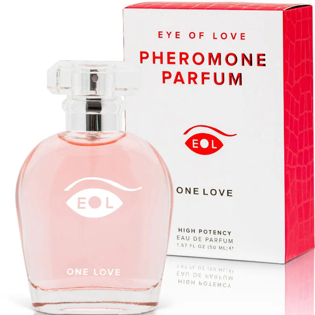 Ein pinkes glasparfümflakon mit klarem facettiertem deckel und einem augenförmigen logo eol phr parfum deluxe 50 ml