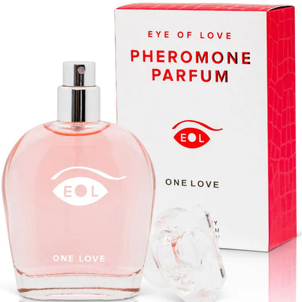 Rosa glasparfümflasche eye of love one love mit silberner sprühdüse und weißem augenlogo 50 ml deluxe