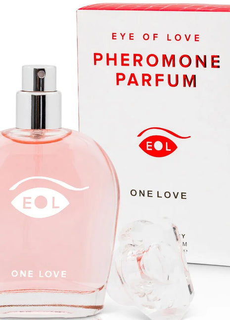 Rosa glasparfümflasche eye of love one love mit silberner sprühdüse und weißem augenlogo 50 ml deluxe