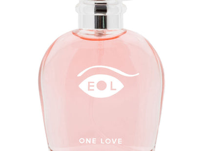 Ein pinkes glas-parfümfläschchen eye of love 50 ml mit klarem facettendem deckel und weißem augenlogo