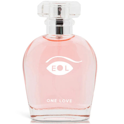 Ein pinkes glas-parfümfläschchen eye of love 50 ml mit klarem facettendem deckel und weißem augenlogo