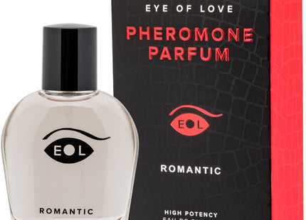 Klare glasflasche mit schwarzem verschluss und stilisiertem augenlogo etikettiert eol romantic pheromonparfum deluxe 50 ml