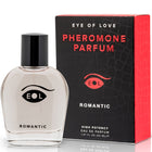 Klare glasflasche mit schwarzem verschluss und stilisiertem augenlogo etikettiert eol romantic pheromonparfum deluxe 50 ml