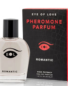 Klare glasflasche mit schwarzem verschluss und stilisiertem augenlogo etikettiert eol romantic pheromonparfum deluxe 50 ml