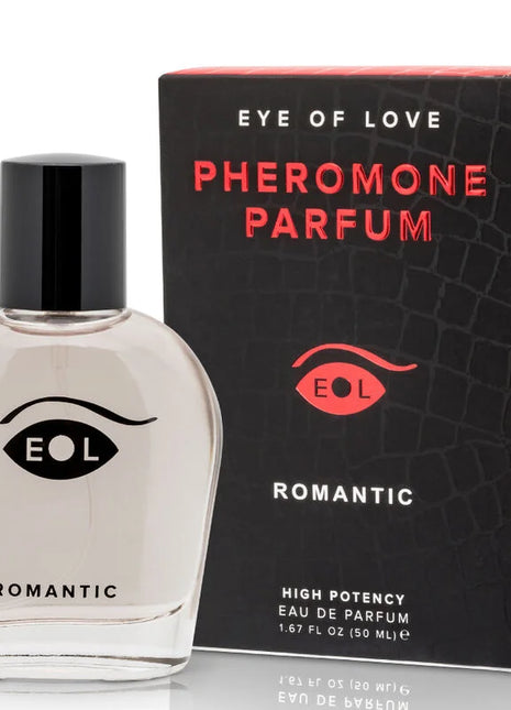 Klare glasflasche mit schwarzem verschluss und stilisiertem augenlogo etikettiert eol romantic pheromonparfum deluxe 50 ml