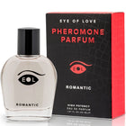 Klare glasflasche mit schwarzem verschluss und stilisiertem augenlogo etikettiert eol romantic pheromonparfum deluxe 50 ml