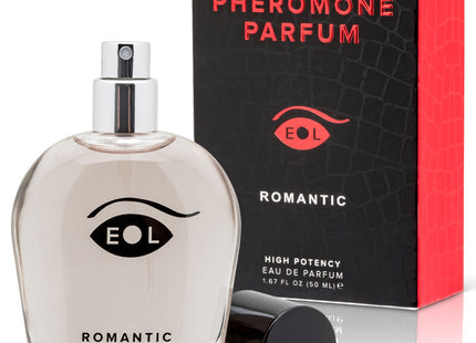 Klarer glasparfumflakon mit silbernem sprühkopf und schwarzem augenlogo namens romantic von eye of love