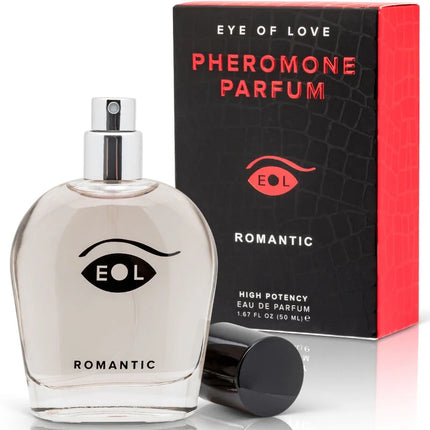 Klarer glasparfumflakon mit silbernem sprühkopf und schwarzem augenlogo namens romantic von eye of love