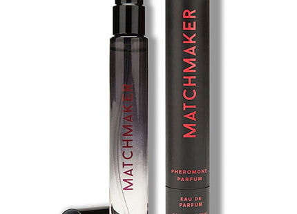Schwarze und klare glas-sprühflasche mit pinkem matchmaker aufdruck 10 ml eau de parfum für ihn