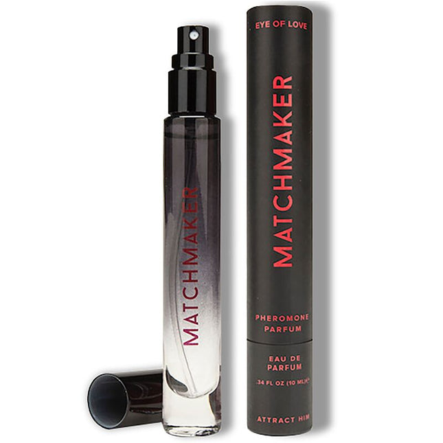 Schwarze und klare glas-sprühflasche mit pinkem matchmaker aufdruck 10 ml eau de parfum für ihn