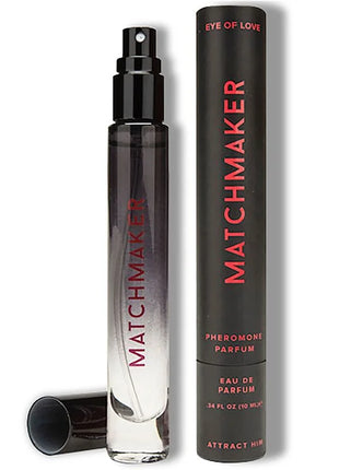 Schwarze und klare glas-sprühflasche mit pinkem matchmaker aufdruck 10 ml eau de parfum für ihn