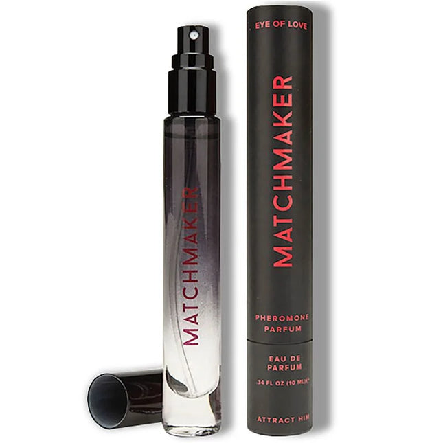 Schwarze und klare glas-sprühflasche mit pinkem matchmaker aufdruck 10 ml eau de parfum für ihn