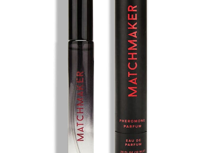 Schwarze zylindrische roll-on-parfümflasche eye of love matchmaker black diamond mit gradient silber-klarem körper und rotem logo neben schwarzer tube