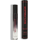 Schwarze zylindrische roll-on-parfümflasche eye of love matchmaker black diamond mit gradient silber-klarem körper und rotem logo neben schwarzer tube
