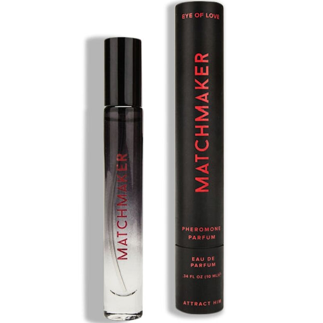 Schwarze zylindrische roll-on-parfümflasche eye of love matchmaker black diamond mit gradient silber-klarem körper und rotem logo neben schwarzer tube