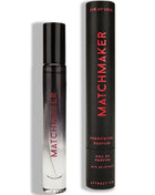 Schwarze zylindrische roll-on-parfümflasche eye of love matchmaker black diamond mit gradient silber-klarem körper und rotem logo neben schwarzer tube