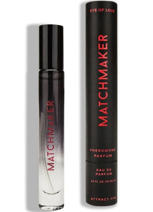Schwarze zylindrische roll-on-parfümflasche eye of love matchmaker black diamond mit gradient silber-klarem körper und rotem logo neben schwarzer tube