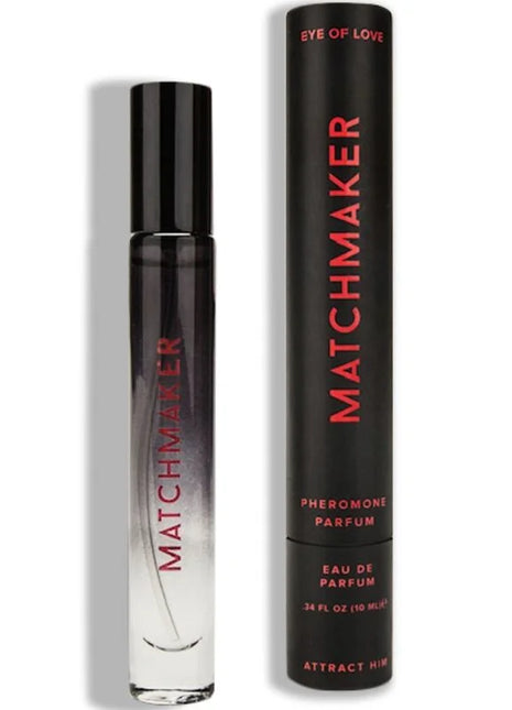 Schwarze zylindrische roll-on-parfümflasche eye of love matchmaker black diamond mit gradient silber-klarem körper und rotem logo neben schwarzer tube