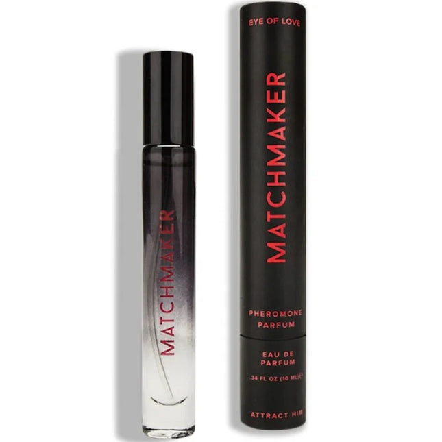 Schwarze zylindrische roll-on-parfümflasche eye of love matchmaker black diamond mit gradient silber-klarem körper und rotem logo neben schwarzer tube