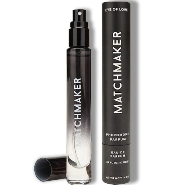 Schwarze und klare Glas-Sprühflasche mit silbernem Farbverlauf labeled matchmaker eye of love Parfüm 10 ml