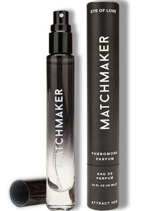 Schwarze und klare Glas-Sprühflasche mit silbernem Farbverlauf labeled matchmaker eye of love Parfüm 10 ml