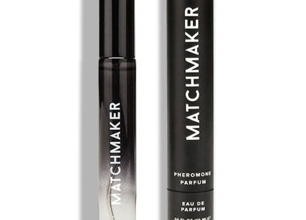 Schwarze zylindrische roll-on-parfümflasche mit verlauf frosted glass und silberner schrift im passenden schwarzen etui matchmaker eye of love pheromon parfum 10 ml