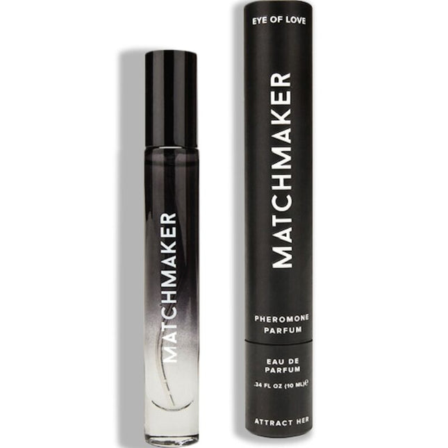 Schwarze zylindrische roll-on-parfümflasche mit verlauf frosted glass und silberner schrift im passenden schwarzen etui matchmaker eye of love pheromon parfum 10 ml