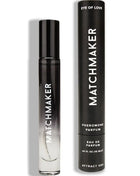 Schwarze zylindrische roll-on-parfümflasche mit verlauf frosted glass und silberner schrift im passenden schwarzen etui matchmaker eye of love pheromon parfum 10 ml