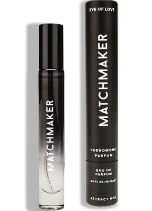 Schwarze zylindrische roll-on-parfümflasche mit verlauf frosted glass und silberner schrift im passenden schwarzen etui matchmaker eye of love pheromon parfum 10 ml