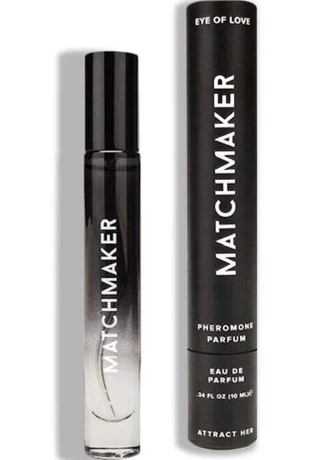 Schwarze zylindrische roll-on-parfümflasche mit verlauf frosted glass und silberner schrift im passenden schwarzen etui matchmaker eye of love pheromon parfum 10 ml
