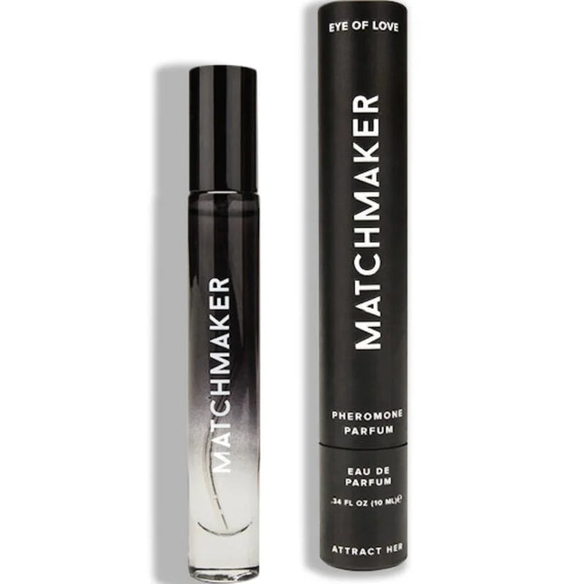 Schwarze zylindrische roll-on-parfümflasche mit verlauf frosted glass und silberner schrift im passenden schwarzen etui matchmaker eye of love pheromon parfum 10 ml