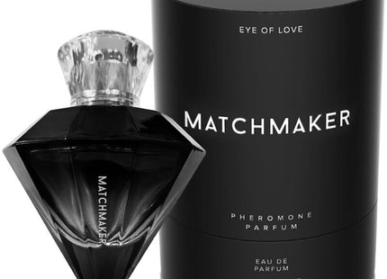 Schwarze diamantförmige matchmaker pheromon-parfümflasche mit klarem kristallverschluss und passender zylindrischer verpackung