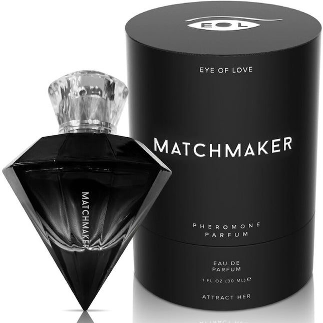 Schwarze diamantförmige matchmaker pheromon-parfümflasche mit klarem kristallverschluss und passender zylindrischer verpackung