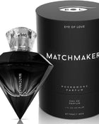 Schwarze diamantförmige matchmaker pheromon-parfümflasche mit klarem kristallverschluss und passender zylindrischer verpackung