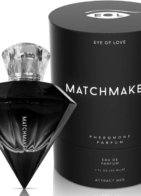 Schwarze diamantförmige matchmaker pheromon-parfümflasche mit klarem kristallverschluss und passender zylindrischer verpackung