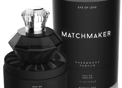 Schwarze diamantförmige eye of love matchmaker pheromon-parfümflasche mit facettiertem silberverschluss und passender verpackung