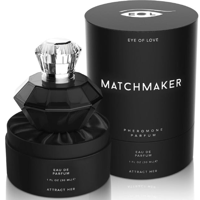 Schwarze diamantförmige eye of love matchmaker pheromon-parfümflasche mit facettiertem silberverschluss und passender verpackung