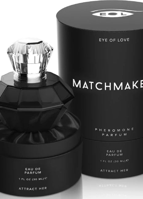 Schwarze diamantförmige eye of love matchmaker pheromon-parfümflasche mit facettiertem silberverschluss und passender verpackung