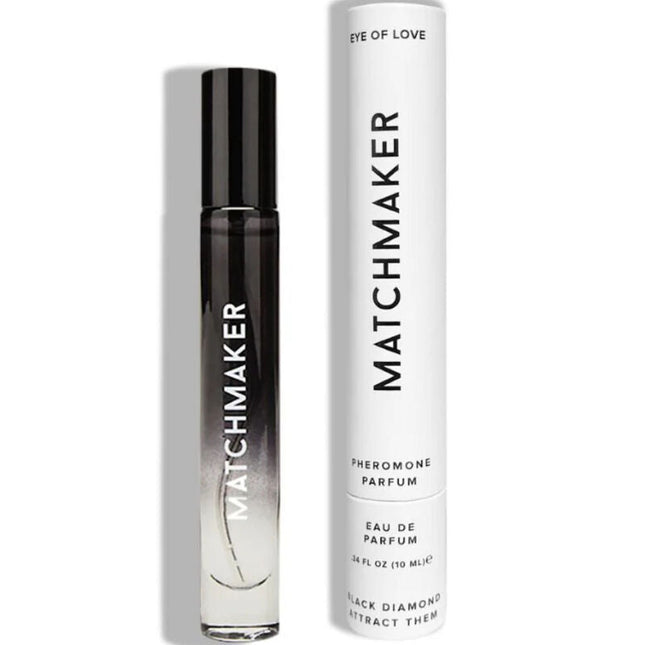 Schwarze und klare roll-on-parfümflasche mit matchmaker-markierung in weißer zylindrischer tube eye of love pheromon-parfum 10 ml