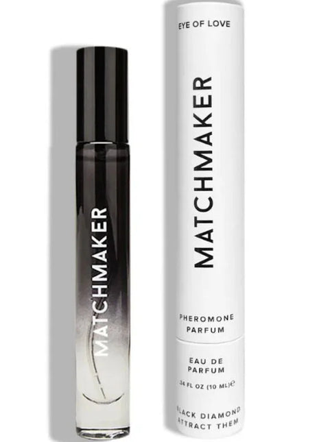 Schwarze und klare roll-on-parfümflasche mit matchmaker-markierung in weißer zylindrischer tube eye of love pheromon-parfum 10 ml