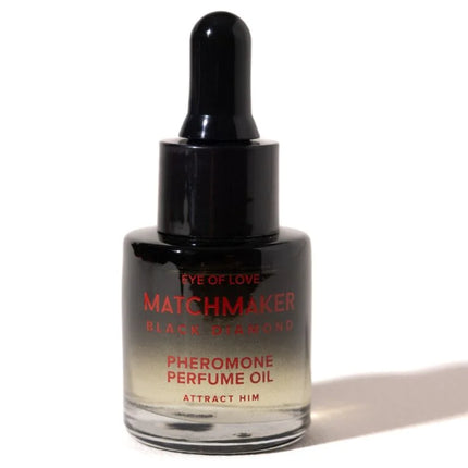Schwarze glas-tropfflasche mit roter matchmaker black diamond pheromon parfümöl beschriftung von eye of love