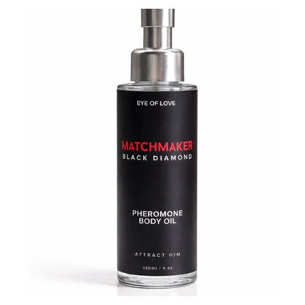 Elegantes glasfläschchen mit silberpumpe von eye of love matchmaker black diamond pheromon körperöl 120 ml