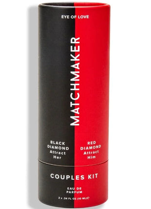 Red und schwarze zylindrische eye of love pheromon parfum tubes im matchmaker 2-teiliges set für paare 20 ml