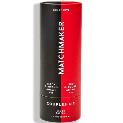 Red und schwarze zylindrische eye of love pheromon parfum tubes im matchmaker 2-teiliges set für paare 20 ml