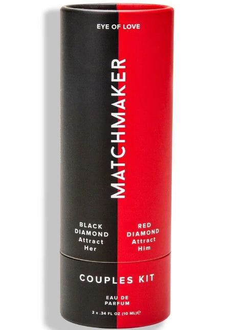 Red und schwarze zylindrische eye of love pheromon parfum tubes im matchmaker 2-teiliges set für paare 20 ml