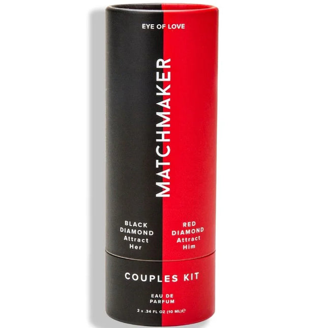 Red und schwarze zylindrische eye of love pheromon parfum tubes im matchmaker 2-teiliges set für paare 20 ml