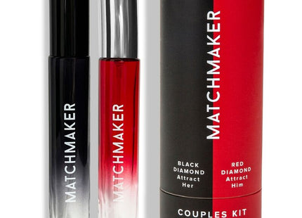 Rote und schwarze gradient glas-rollerball-duftflaschen mit silberkappen von matchmaker aus dem eye of love pheromon set für paare