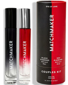 Rote und schwarze gradient glas-rollerball-duftflaschen mit silberkappen von matchmaker aus dem eye of love pheromon set für paare