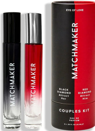 Rote und schwarze gradient glas-rollerball-duftflaschen mit silberkappen von matchmaker aus dem eye of love pheromon set für paare
