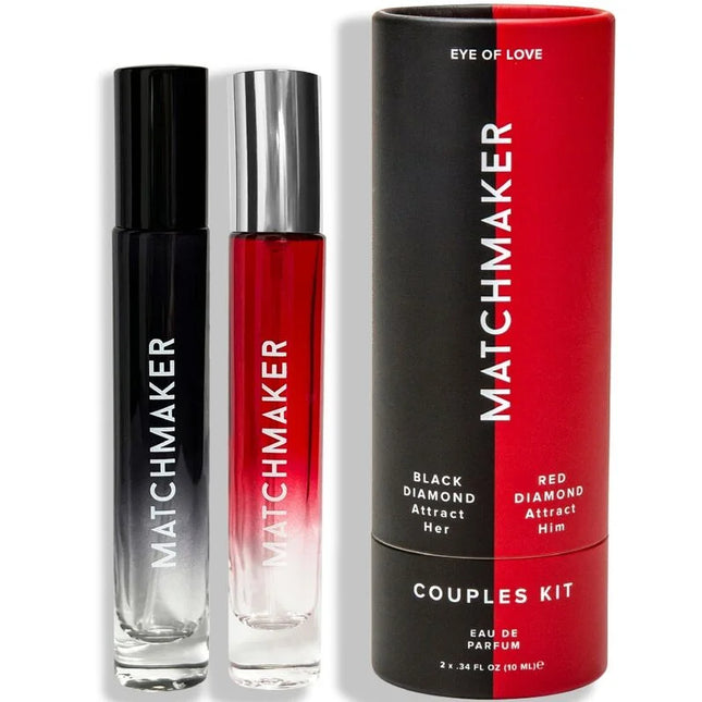 Rote und schwarze gradient glas-rollerball-duftflaschen mit silberkappen von matchmaker aus dem eye of love pheromon set für paare